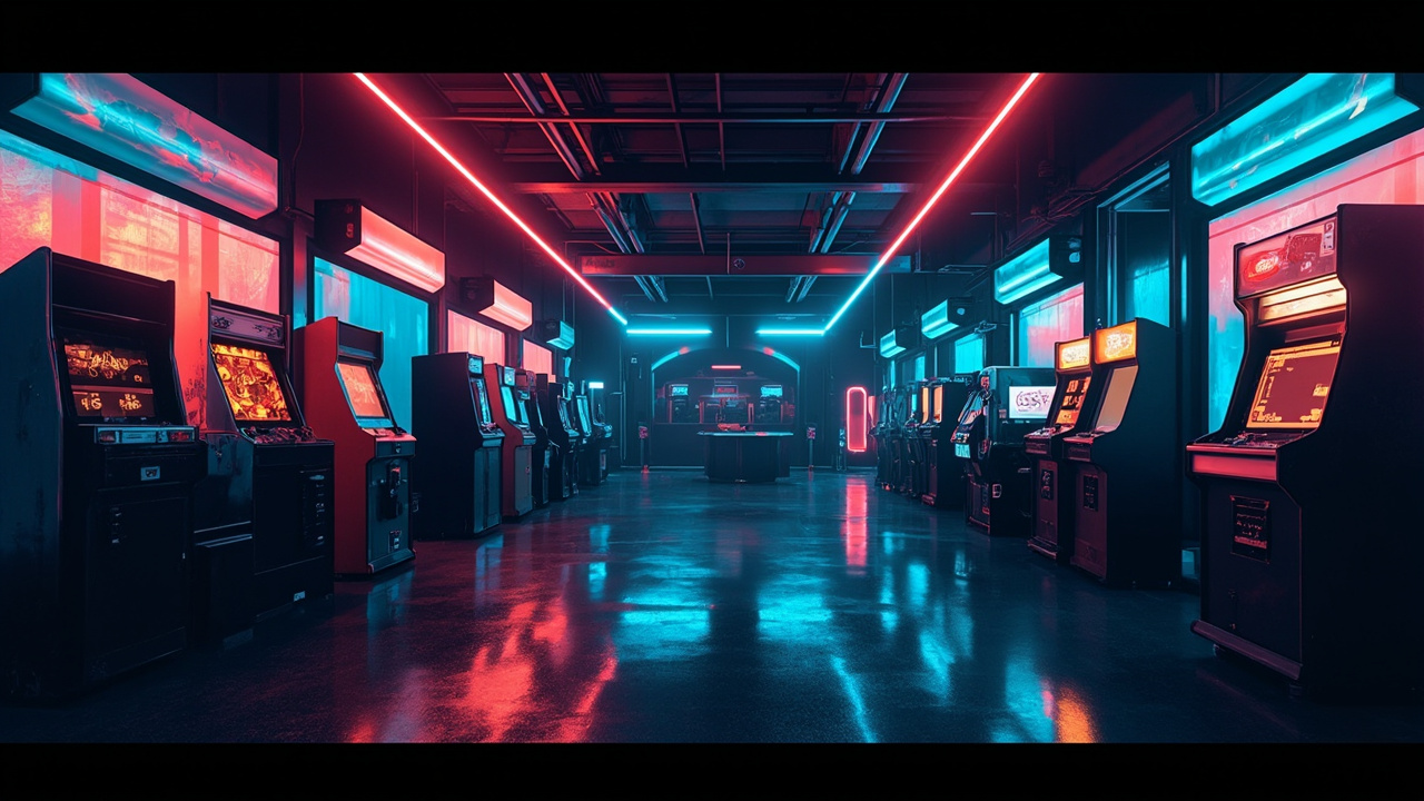 Illustration of a neon-lit retro arcade interior