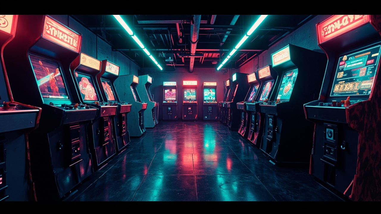 Illustration of a neon-lit retro arcade interior