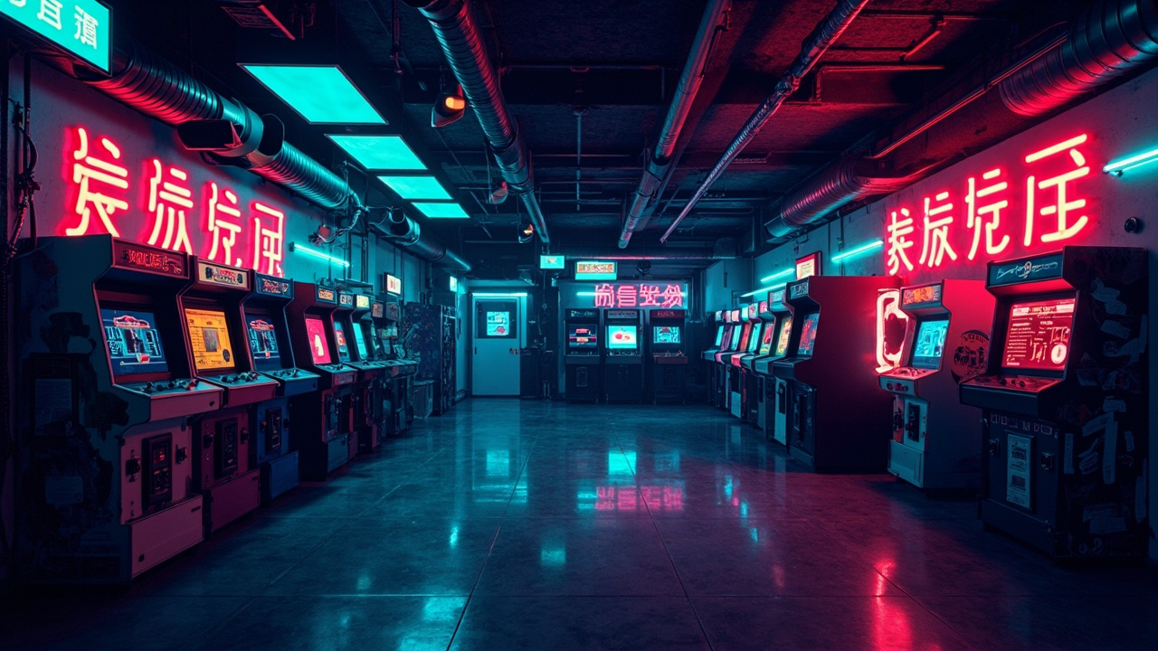 Illustration of a neon-lit retro arcade interior
