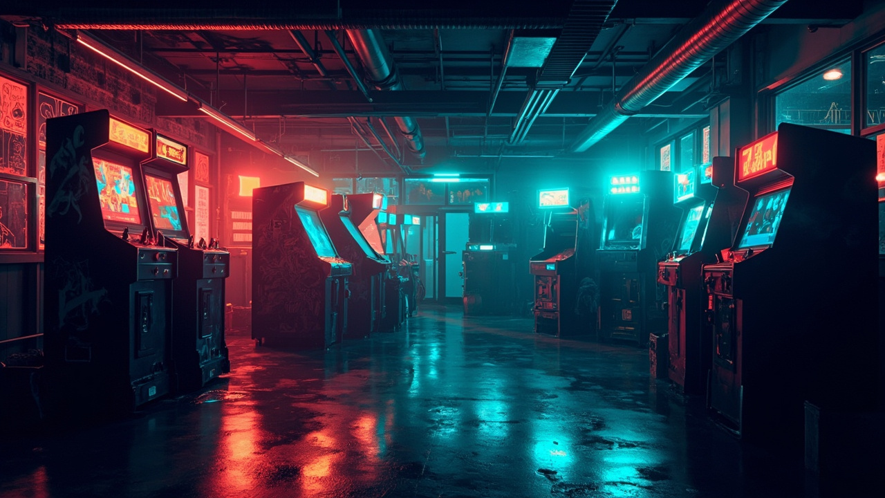 Illustration of a neon-lit retro arcade interior