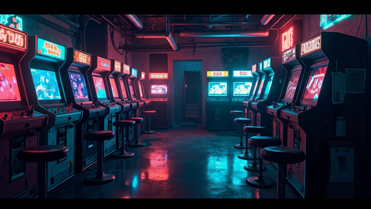Illustration of a neon-lit retro arcade interior