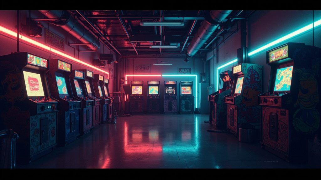Illustration of a neon-lit retro arcade interior