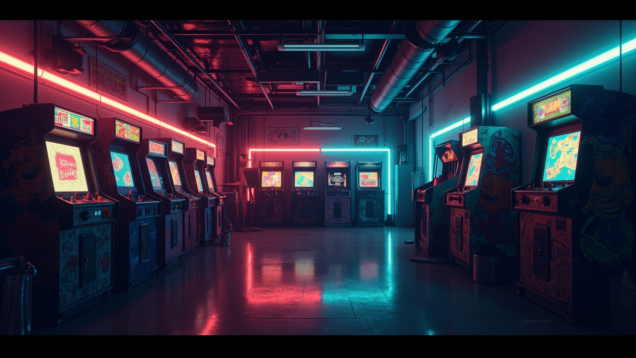 Illustration of a neon-lit retro arcade interior