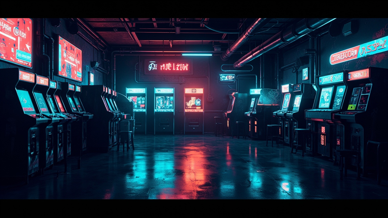 Illustration of a neon-lit retro arcade interior
