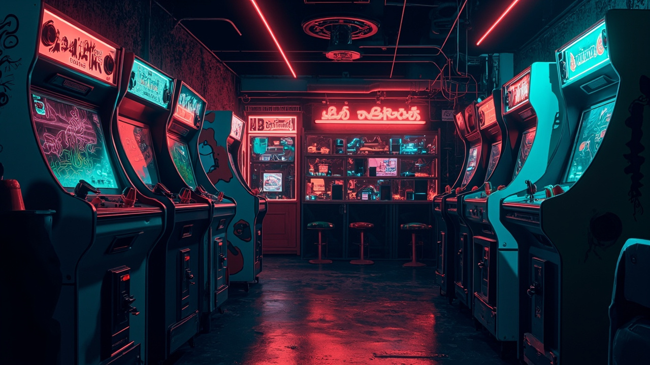 Illustration of a neon-lit retro arcade interior