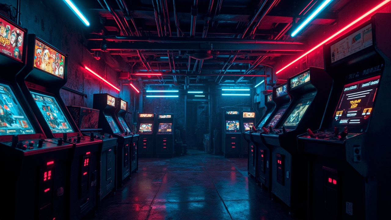 Illustration of a neon-lit retro arcade interior