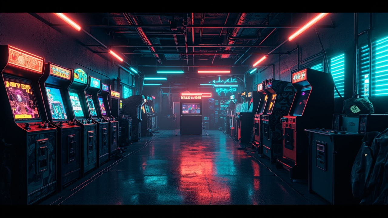 Illustration of a neon-lit retro arcade interior