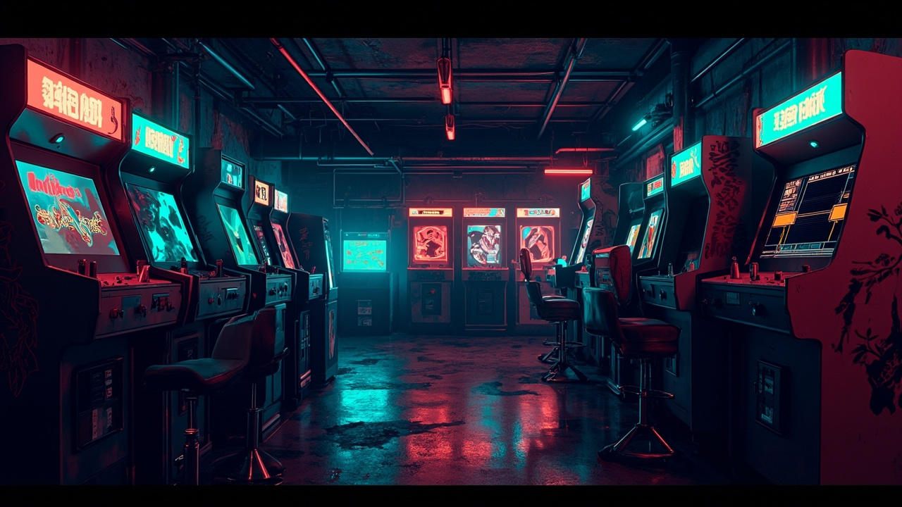 Illustration of a neon-lit retro arcade interior