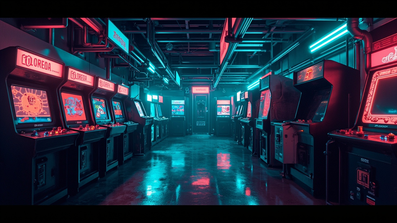 Illustration of a neon-lit retro arcade interior