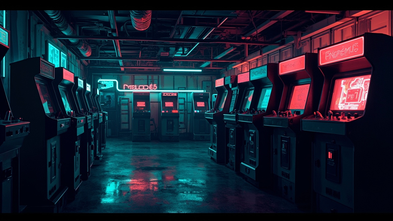 Illustration of a neon-lit retro arcade interior