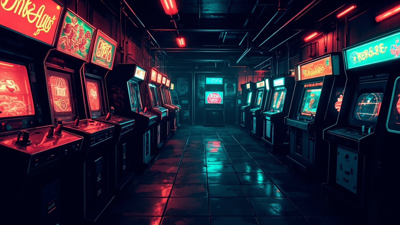 Illustration of a neon-lit retro arcade interior
