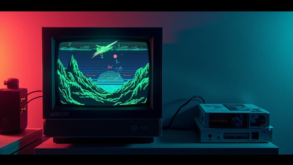 Illustration: A professional broadcast-grade CRT monitor displays a retro video game featuring flying spacecraft over a green landscape with mountains, while sitting on a shelf next to a video game console with game cartridges and boxes.