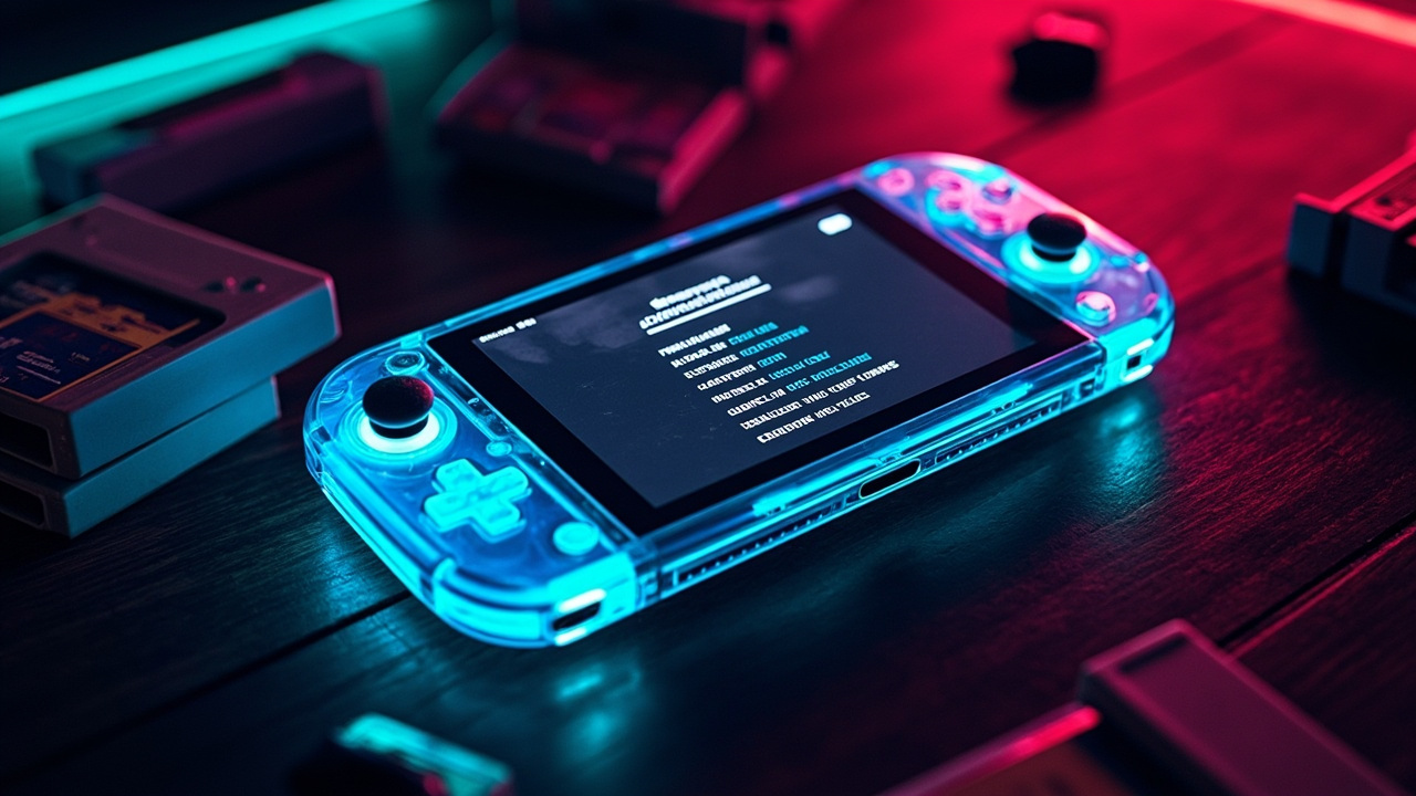 Illustration: A translucent blue handheld gaming console with illuminated thumbsticks rests on a wooden surface, displaying a menu on its screen and surrounded by scattered game cartridges.
