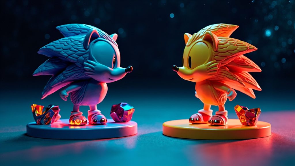 Illustration: Two sculpted hedgehog figurines, one blue and one yellow, stand on circular bases adorned with colorful gem-shaped accents against a starry cosmic backdrop.