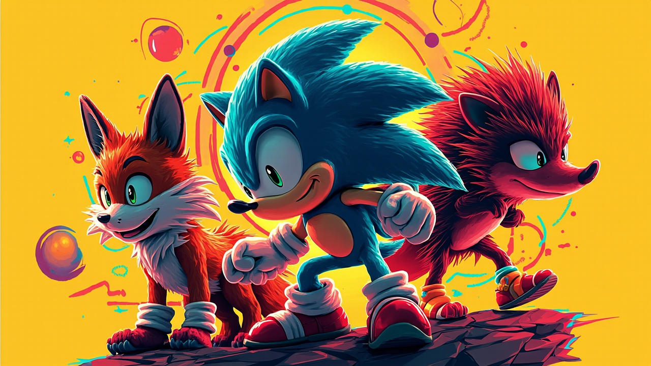 Illustration: Three animated anthropomorphic characters—a blue hedgehog, an orange fox, and a red echidna—strike dynamic poses against a bright yellow background with colorful geometric shapes and swirling lines.