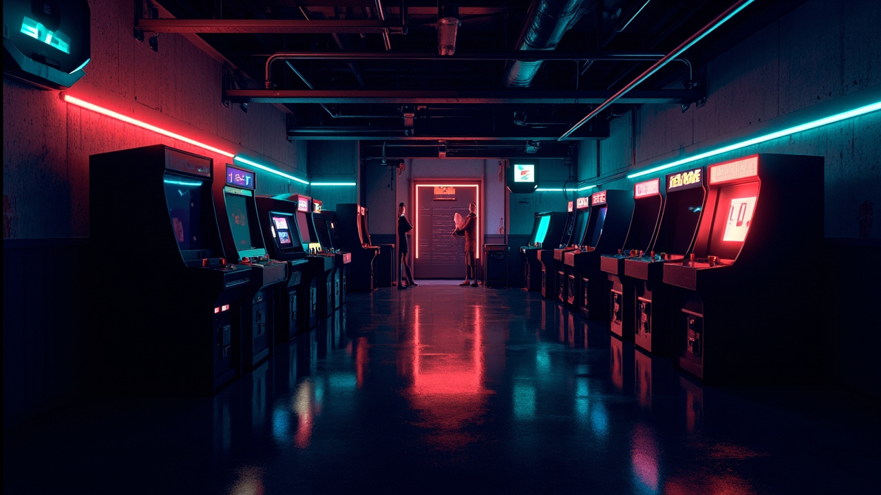 Illustration of a neon-lit retro arcade interior