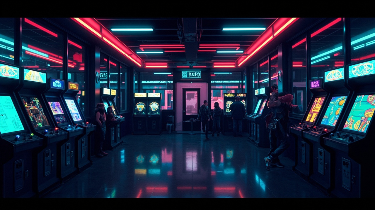 Illustration of a neon-lit retro arcade interior