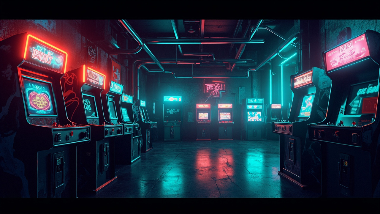 Illustration of a neon-lit retro arcade interior