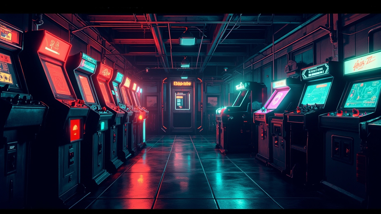 Illustration of a neon-lit retro arcade interior