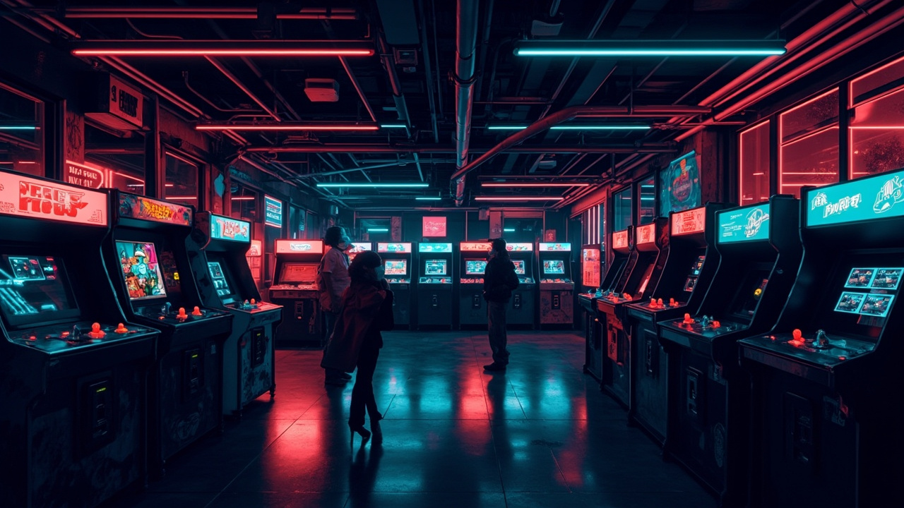 Illustration of a neon-lit retro arcade interior