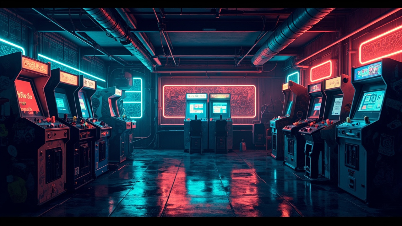 Illustration of a neon-lit retro arcade interior