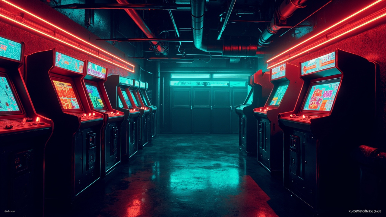 Illustration of a neon-lit retro arcade interior