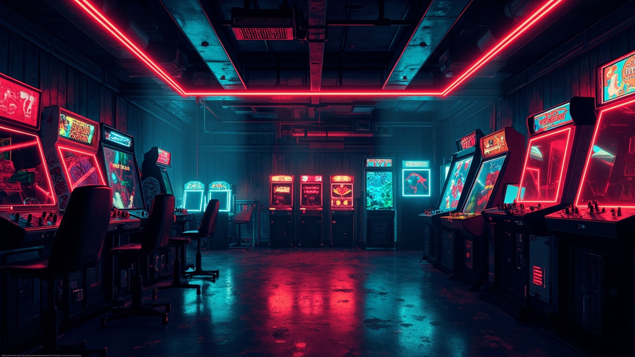 Illustration of a neon-lit retro arcade interior