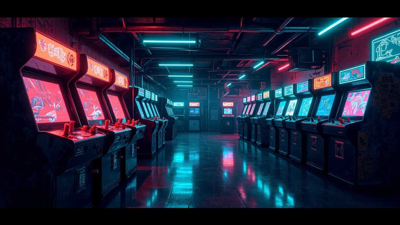 Illustration of a neon-lit retro arcade interior