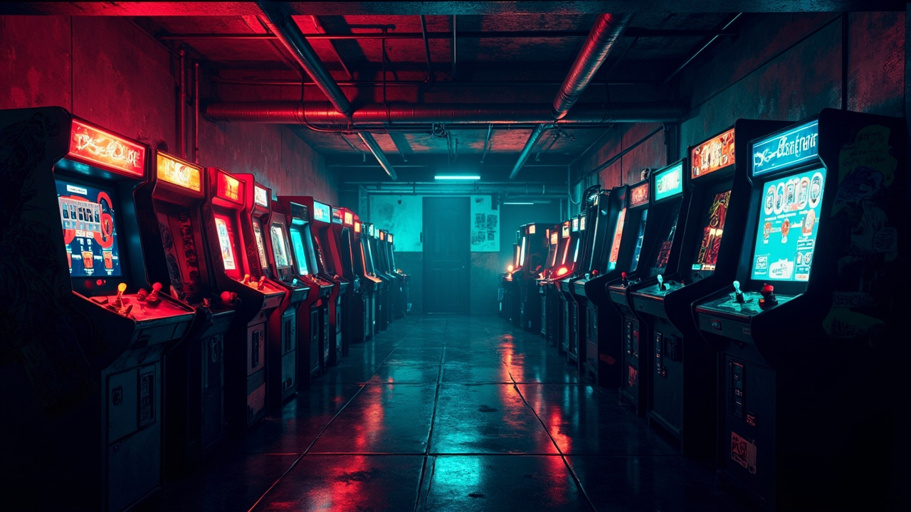 Illustration of a neon-lit retro arcade interior
