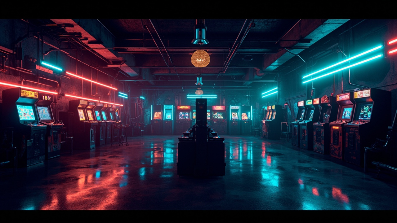 Illustration of a neon-lit retro arcade interior