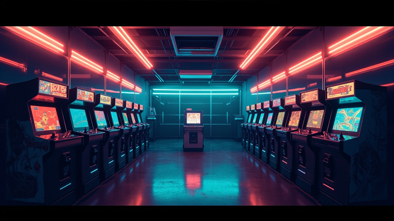 Illustration of a neon-lit retro arcade interior