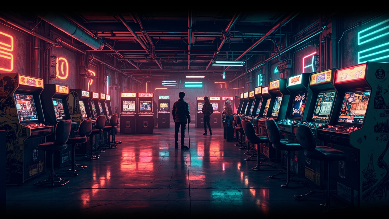 Illustration of a neon-lit retro arcade interior