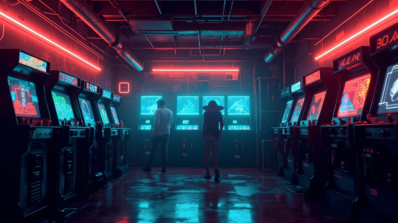 Illustration of a neon-lit retro arcade interior