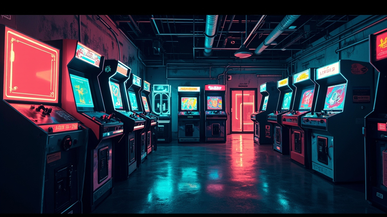 Illustration of a neon-lit retro arcade interior