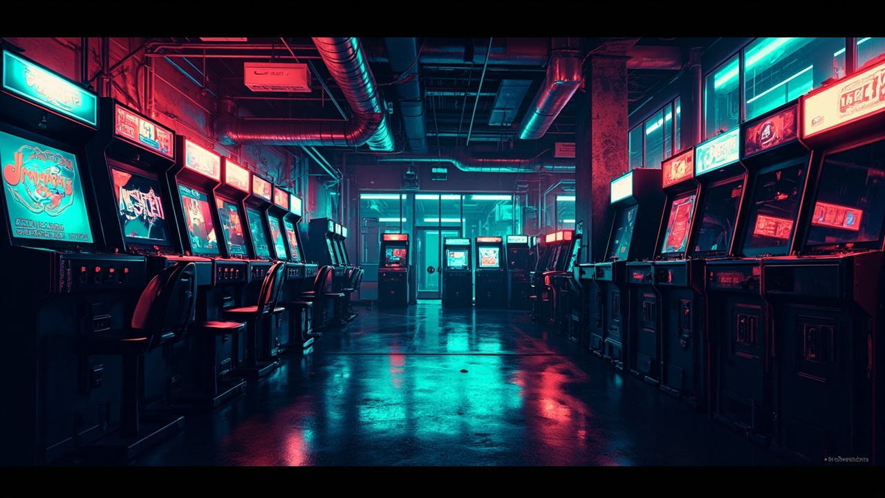 Illustration of a neon-lit retro arcade interior