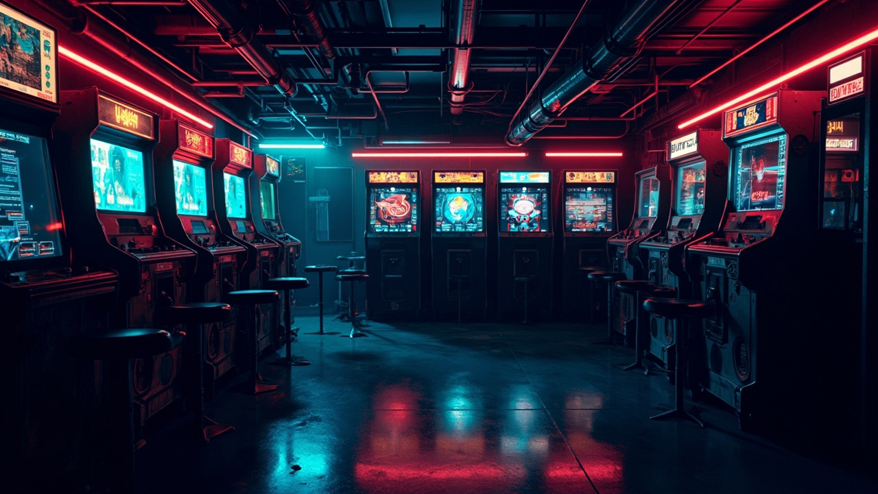 Illustration of a neon-lit retro arcade interior