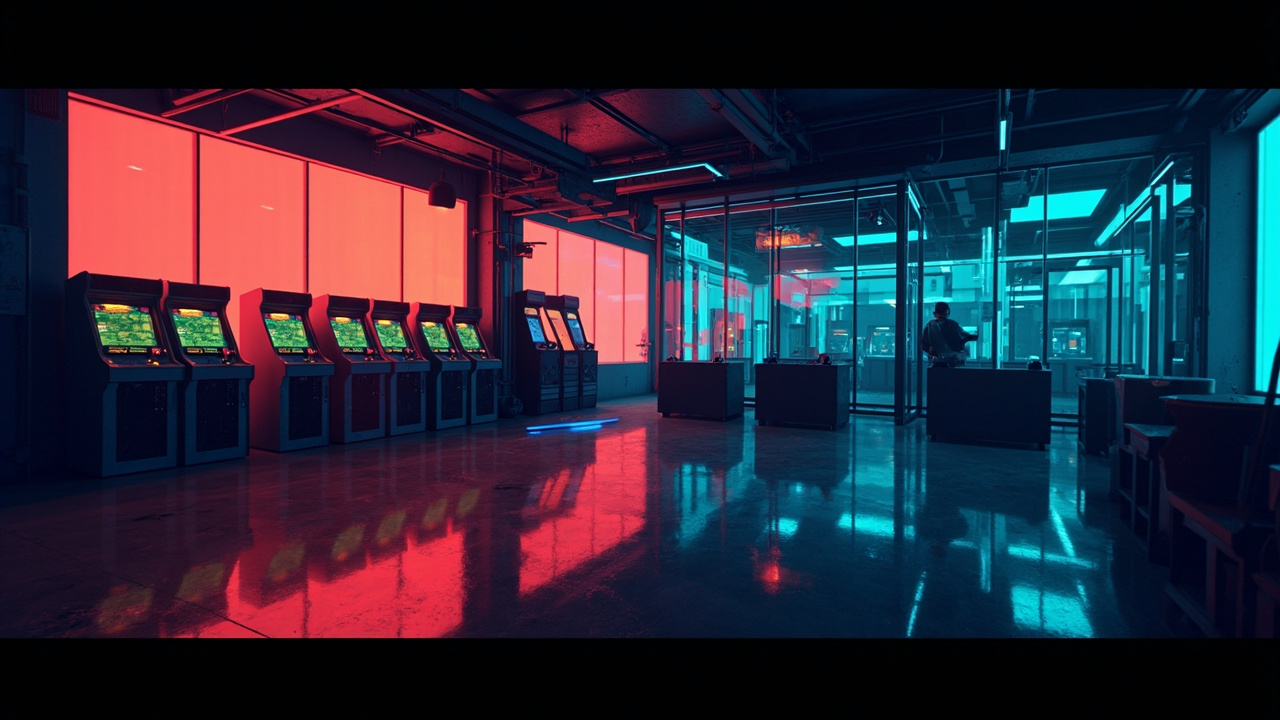 Illustration of a neon-lit retro arcade interior