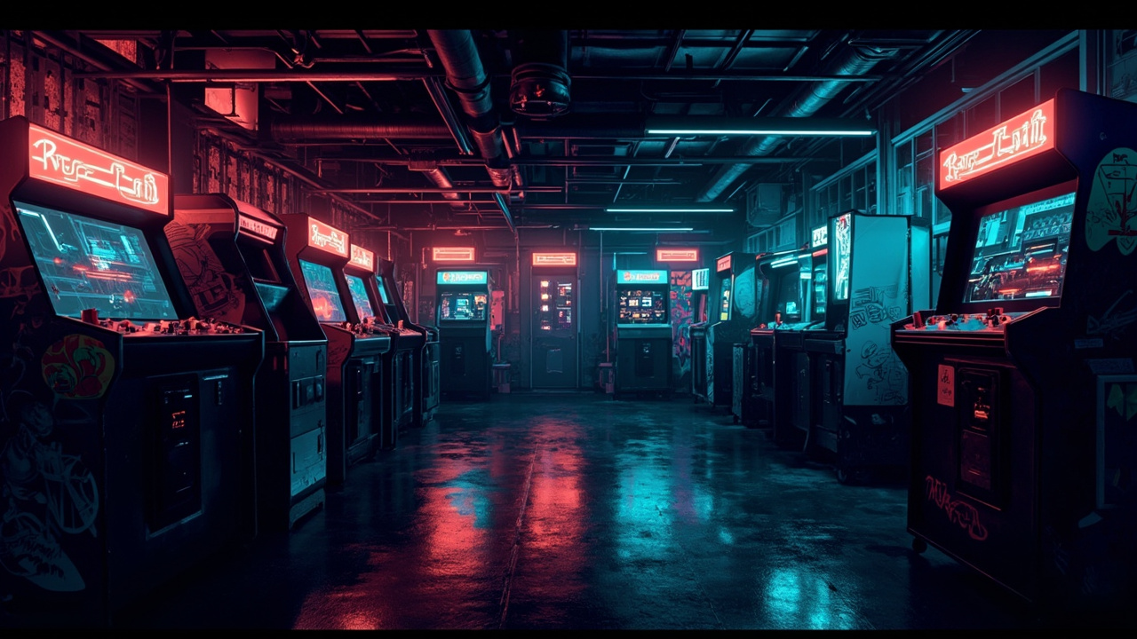 Illustration of a neon-lit retro arcade interior