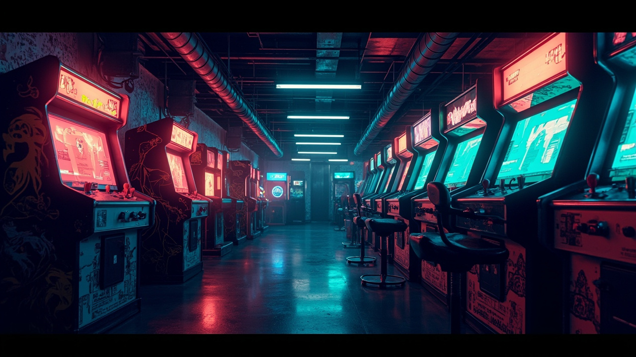 Illustration of a neon-lit retro arcade interior