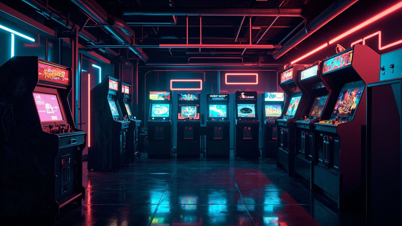 Illustration of a neon-lit retro arcade interior