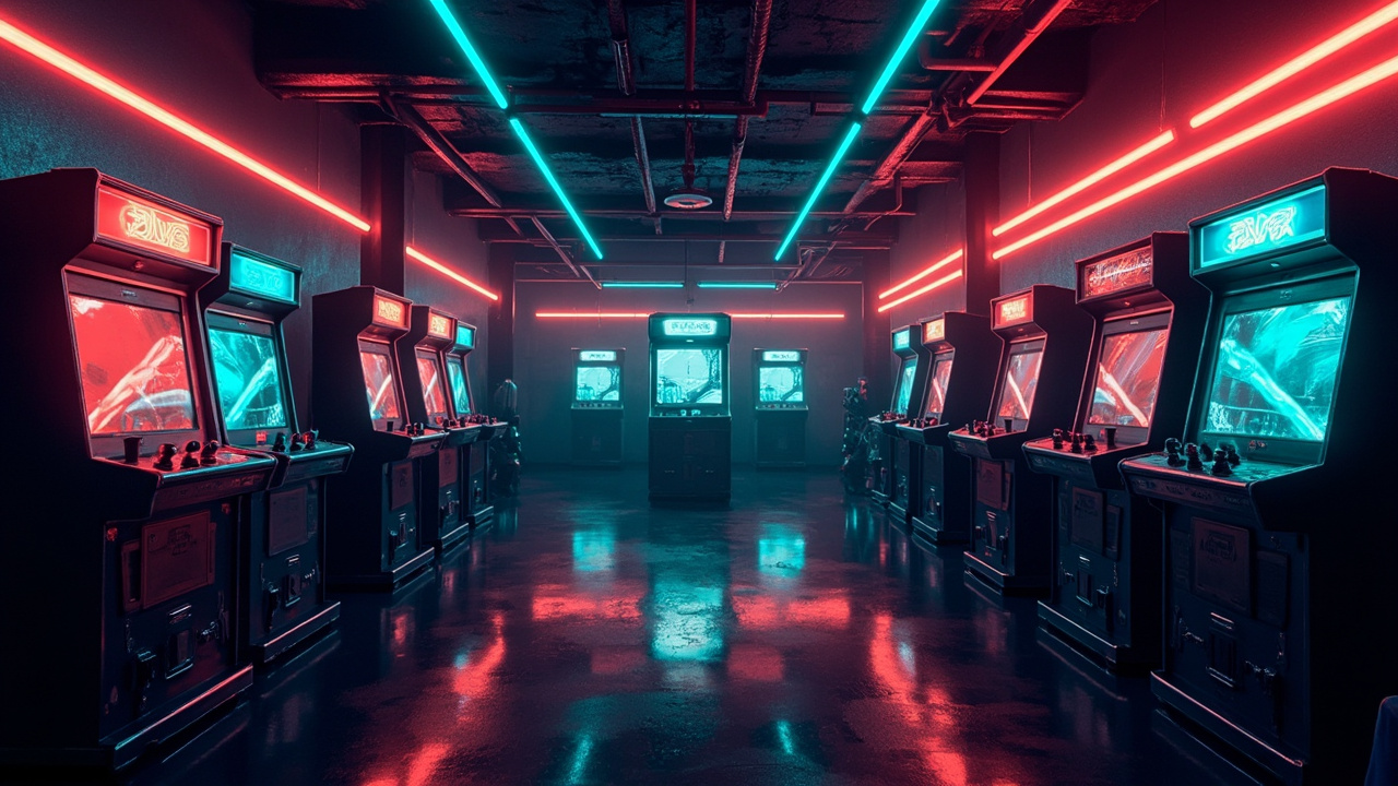 Illustration of a neon-lit retro arcade interior