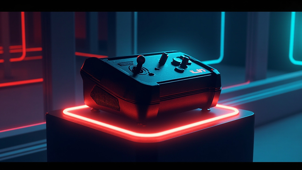 Illustration of retro gaming hardware in synthwave style