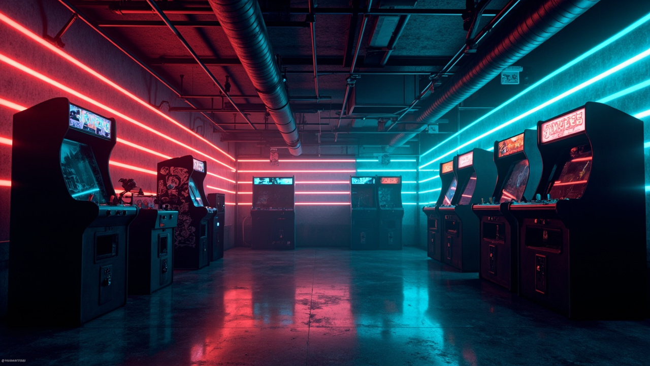 Illustration of a neon-lit retro arcade interior