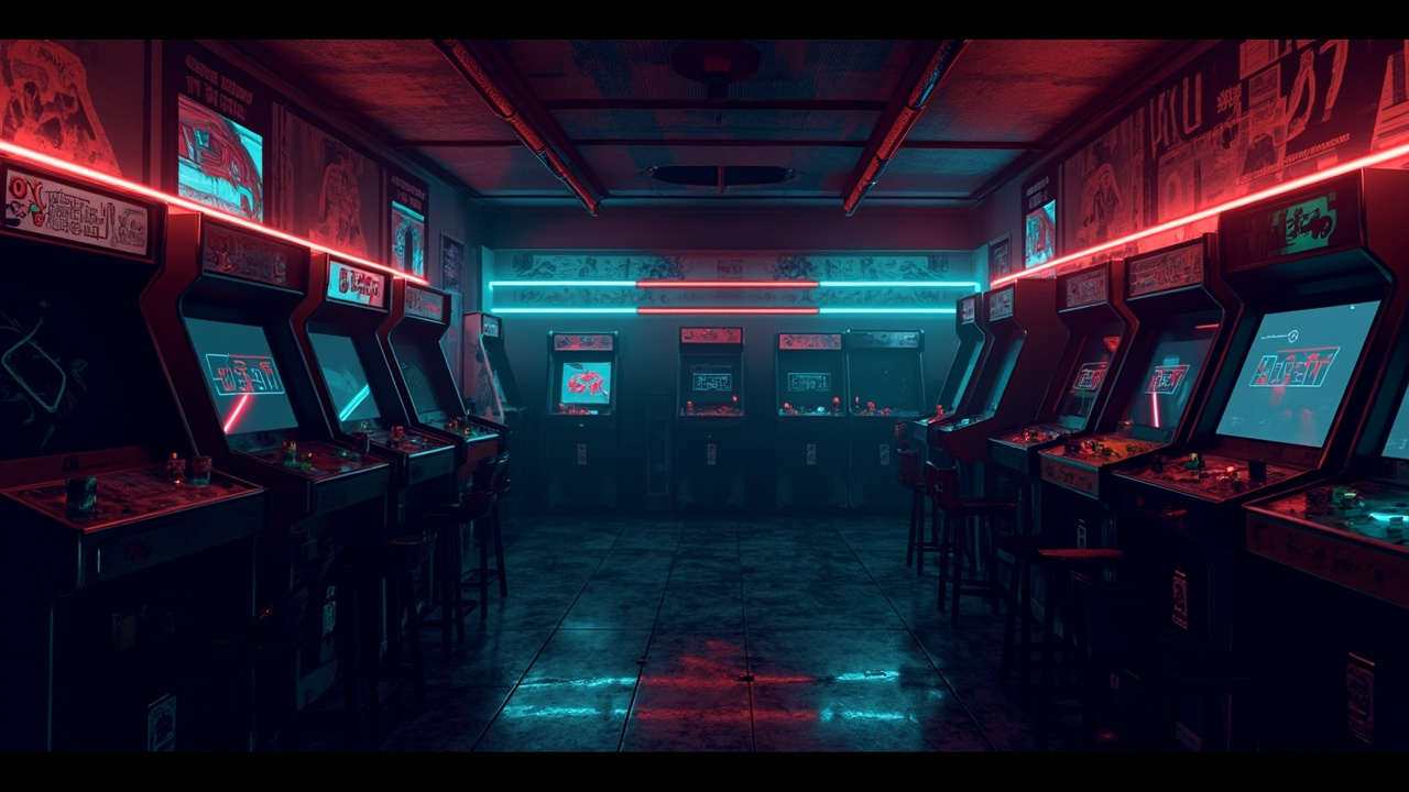 Illustration of a neon-lit retro arcade interior