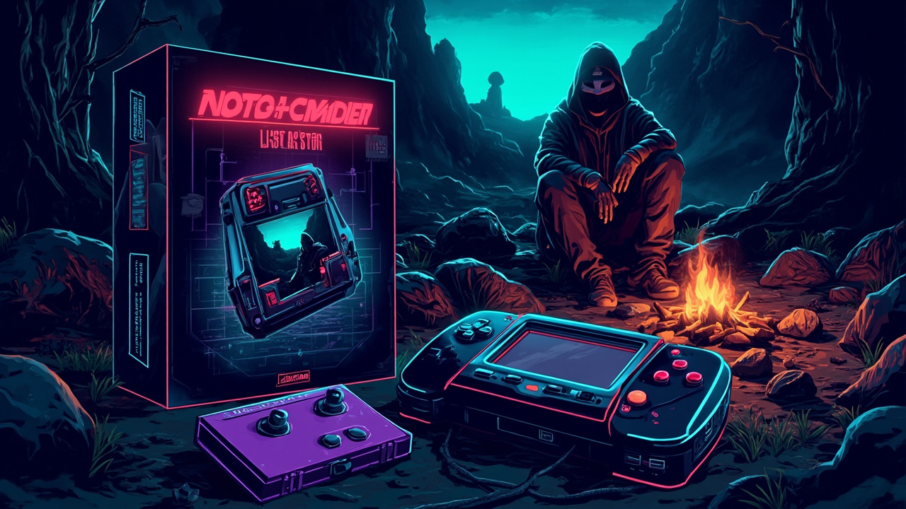 Illustration: A retro-style handheld gaming console with a purple cartridge sits beside its packaging and a larger illustrated backdrop depicting a hooded figure resting by a campfire in a shadowy, rocky environment.
