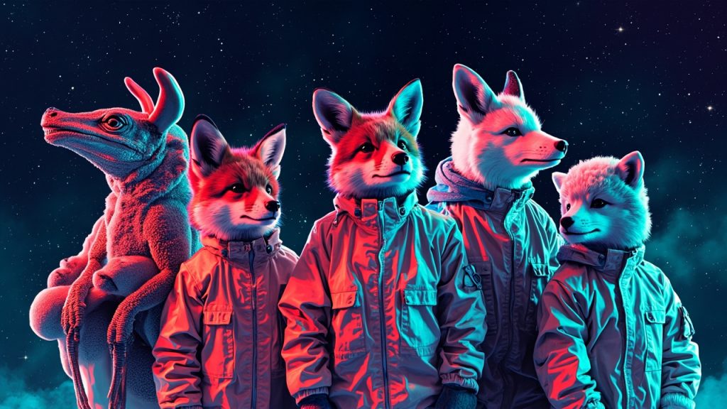 Illustration: A vibrant illustration depicts a group of anthropomorphic animal characters—including foxes, a lizard, and a sheep—wearing futuristic space suits and posing together against a starry cosmic backdrop.