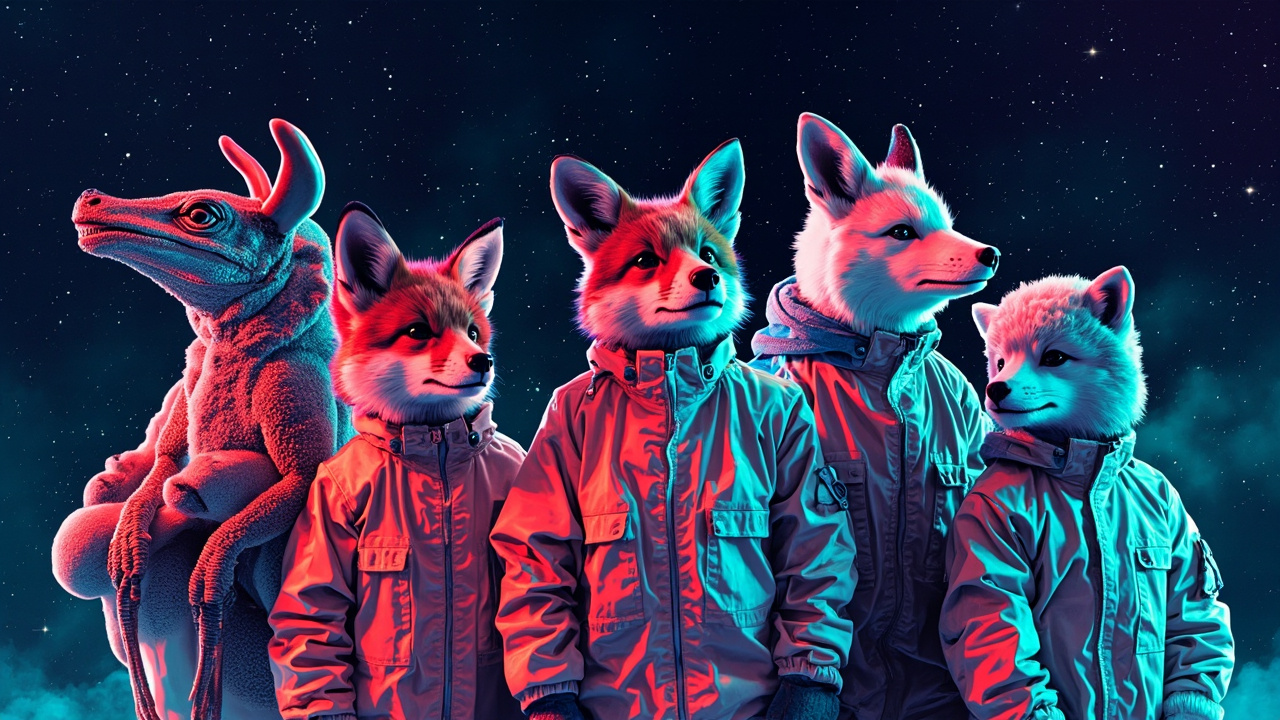 Illustration: A vibrant illustration depicts a group of anthropomorphic animal characters—including foxes, a lizard, and a sheep—wearing futuristic space suits and posing together against a starry cosmic backdrop.
