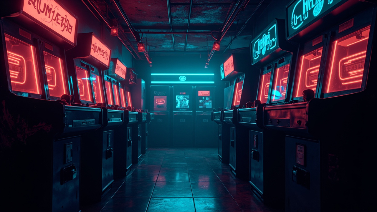Illustration of a neon-lit retro arcade interior
