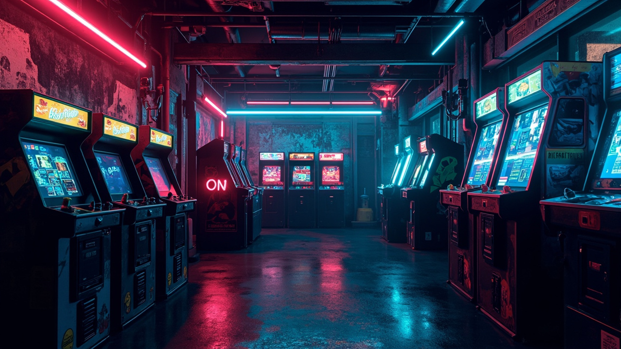 Illustration of a neon-lit retro arcade interior