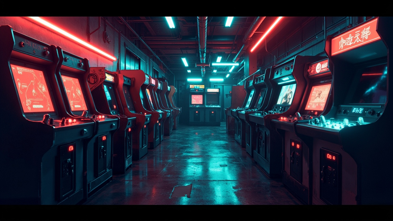 Illustration of a neon-lit retro arcade interior